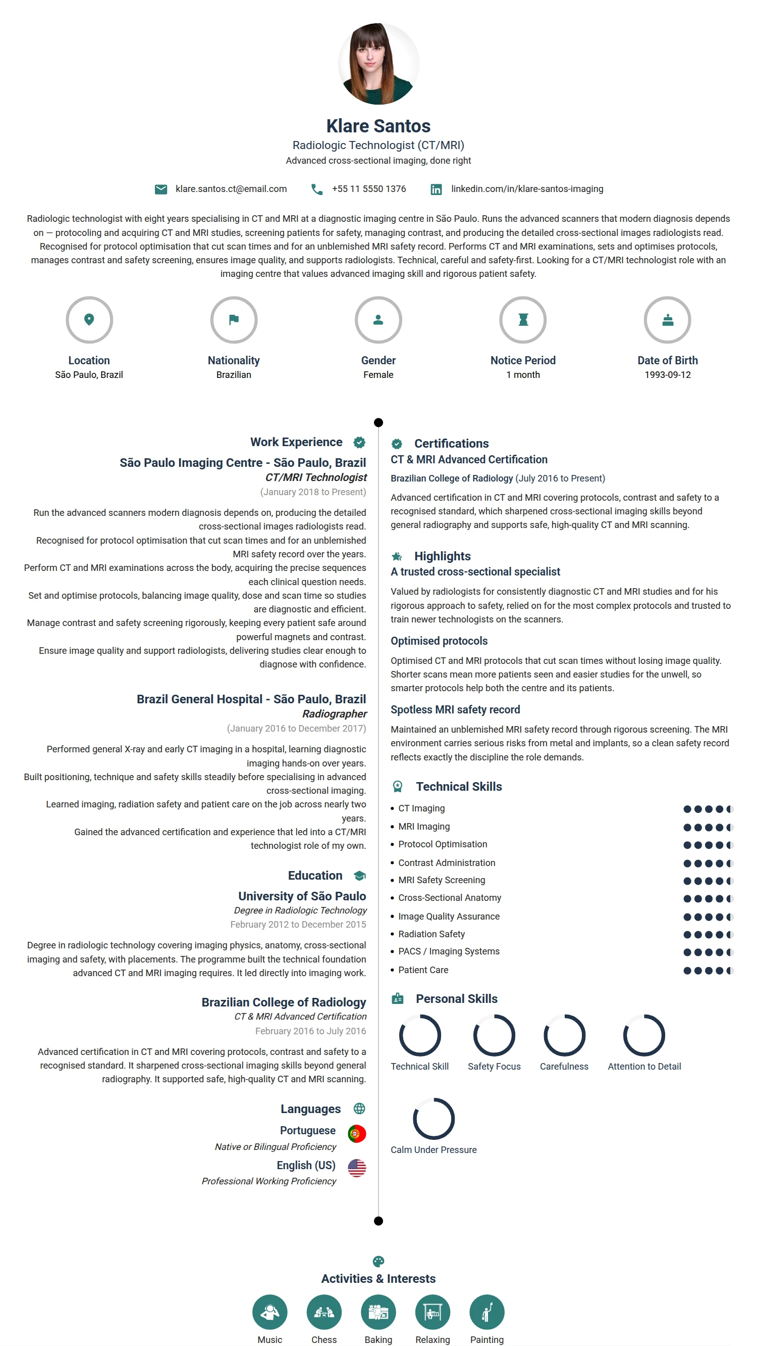 Radiologist Technologist resume example — a professionally formatted Medical & Healthcare CV sample