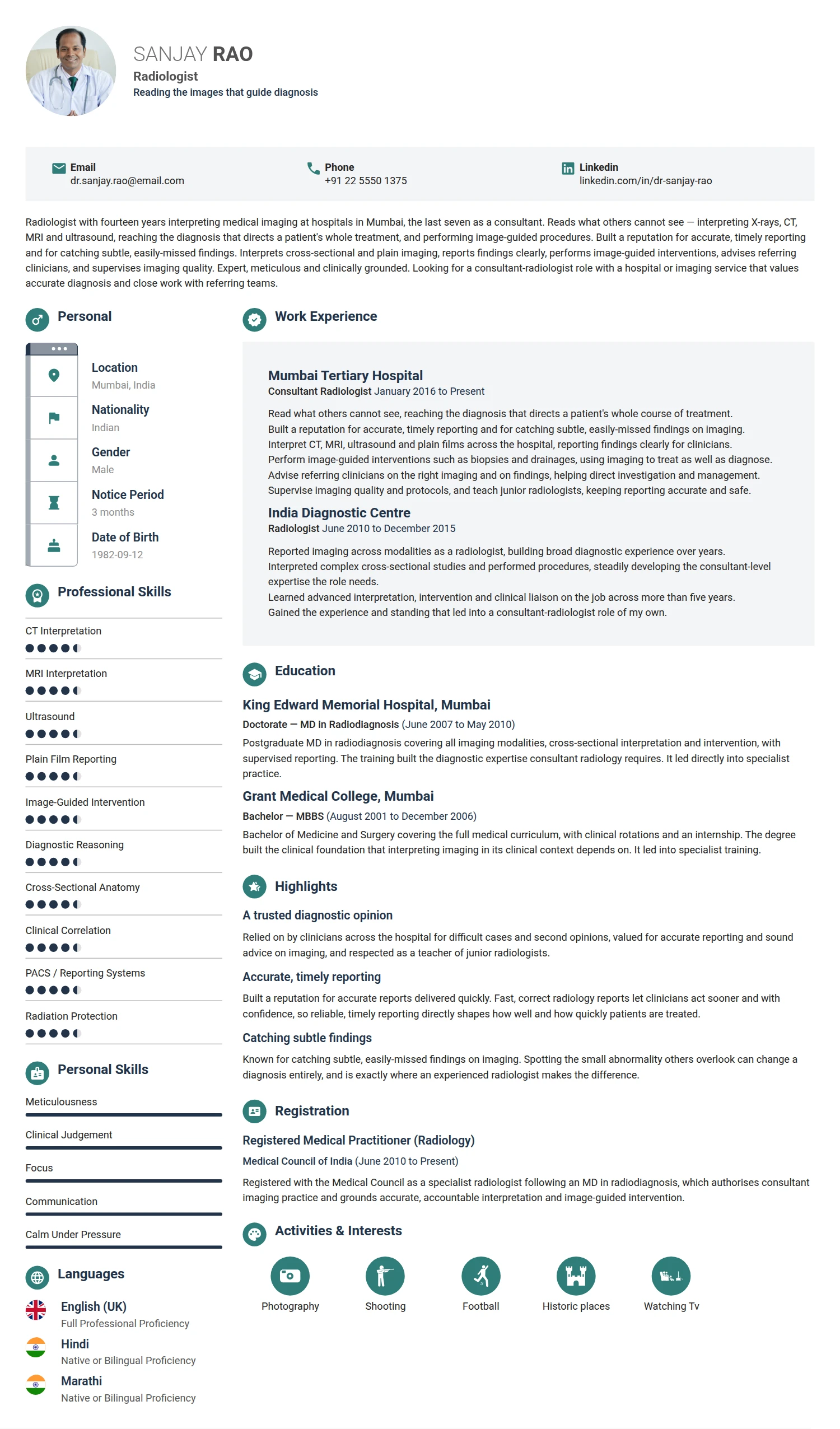 Radiologist resume example — a professionally formatted Medical & Healthcare CV sample