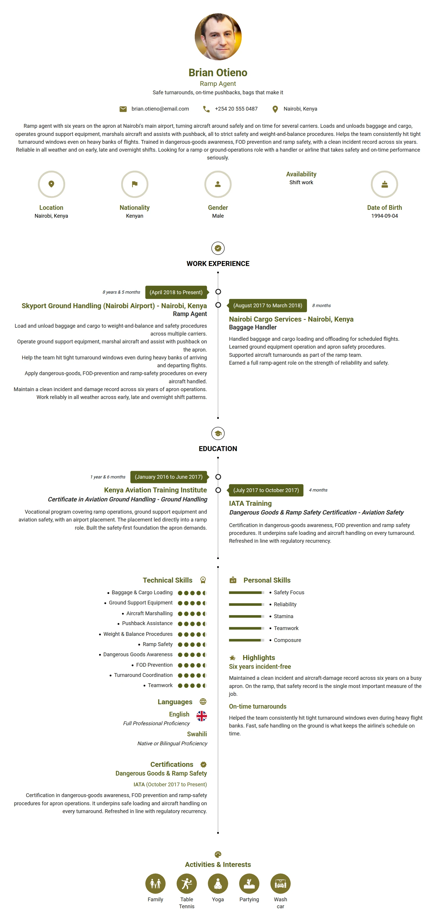 Ramp Agent resume example — a professionally formatted Law Enforcement/Military/Security CV sample