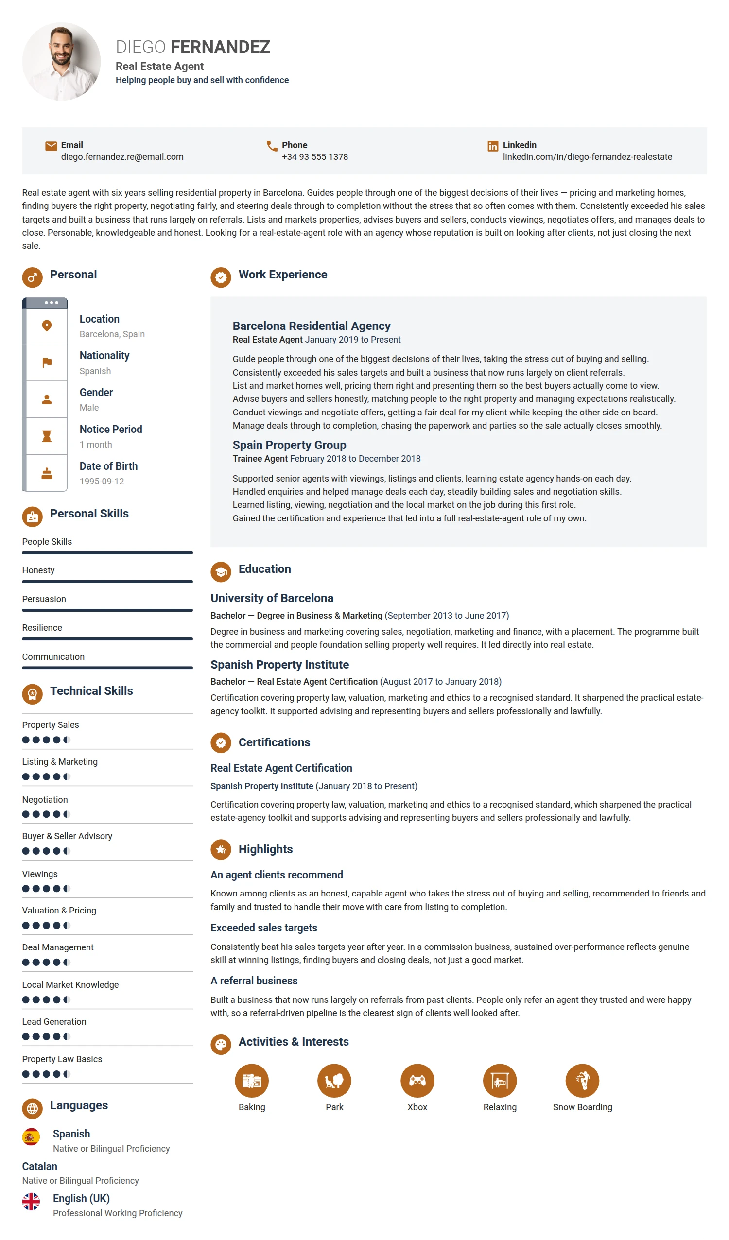 Real State Agent resume example — a professionally formatted Real Estate CV sample