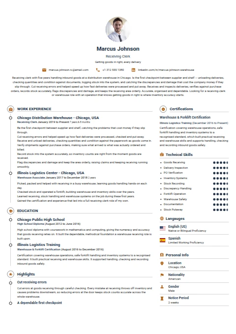 Receiving Clerk resume example