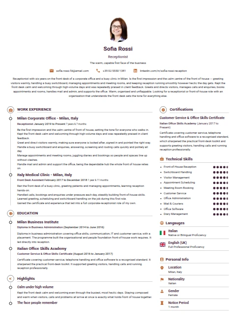 Receptionist resume example