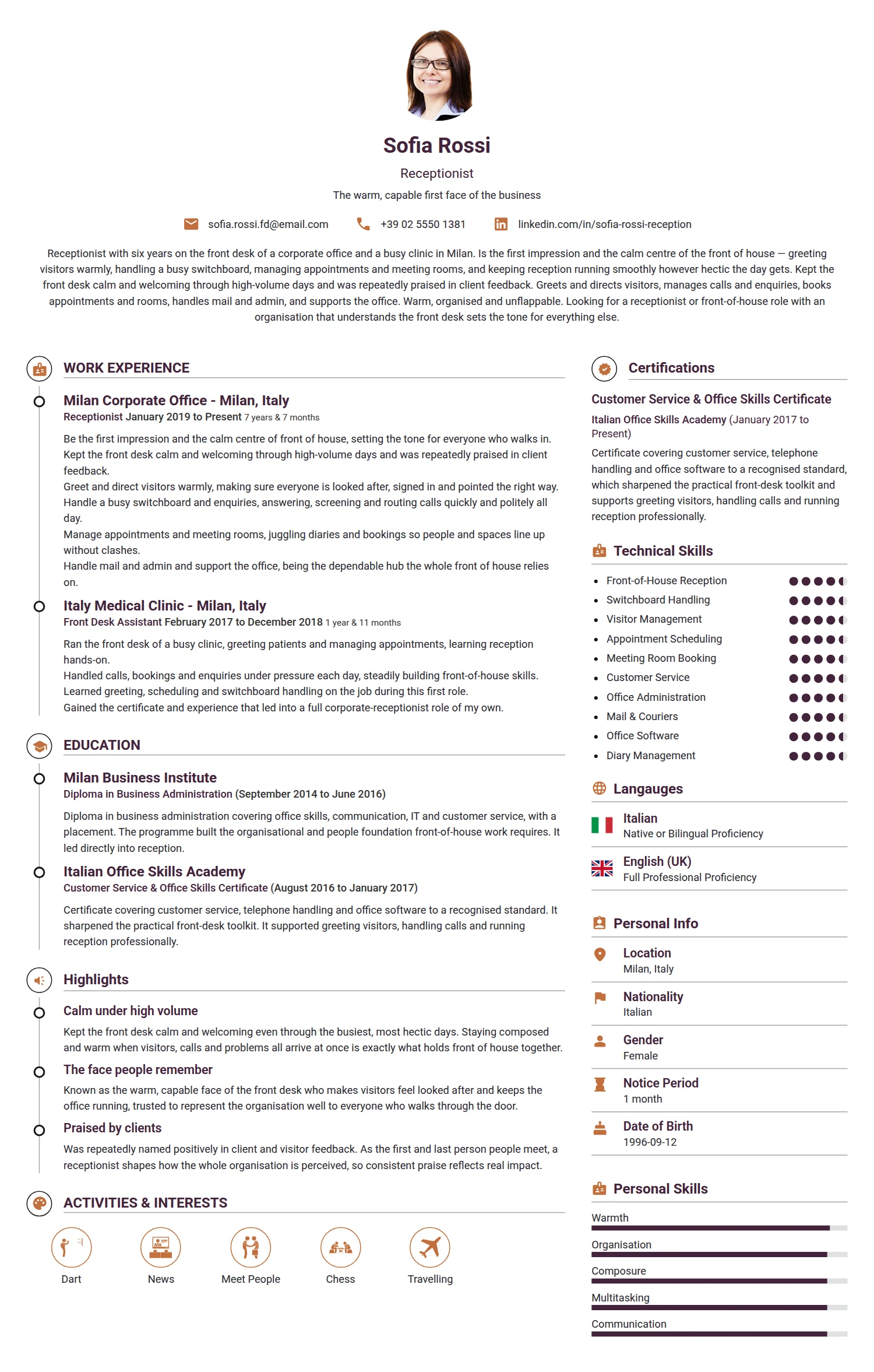 Receptionist resume example — a professionally formatted Administration CV sample