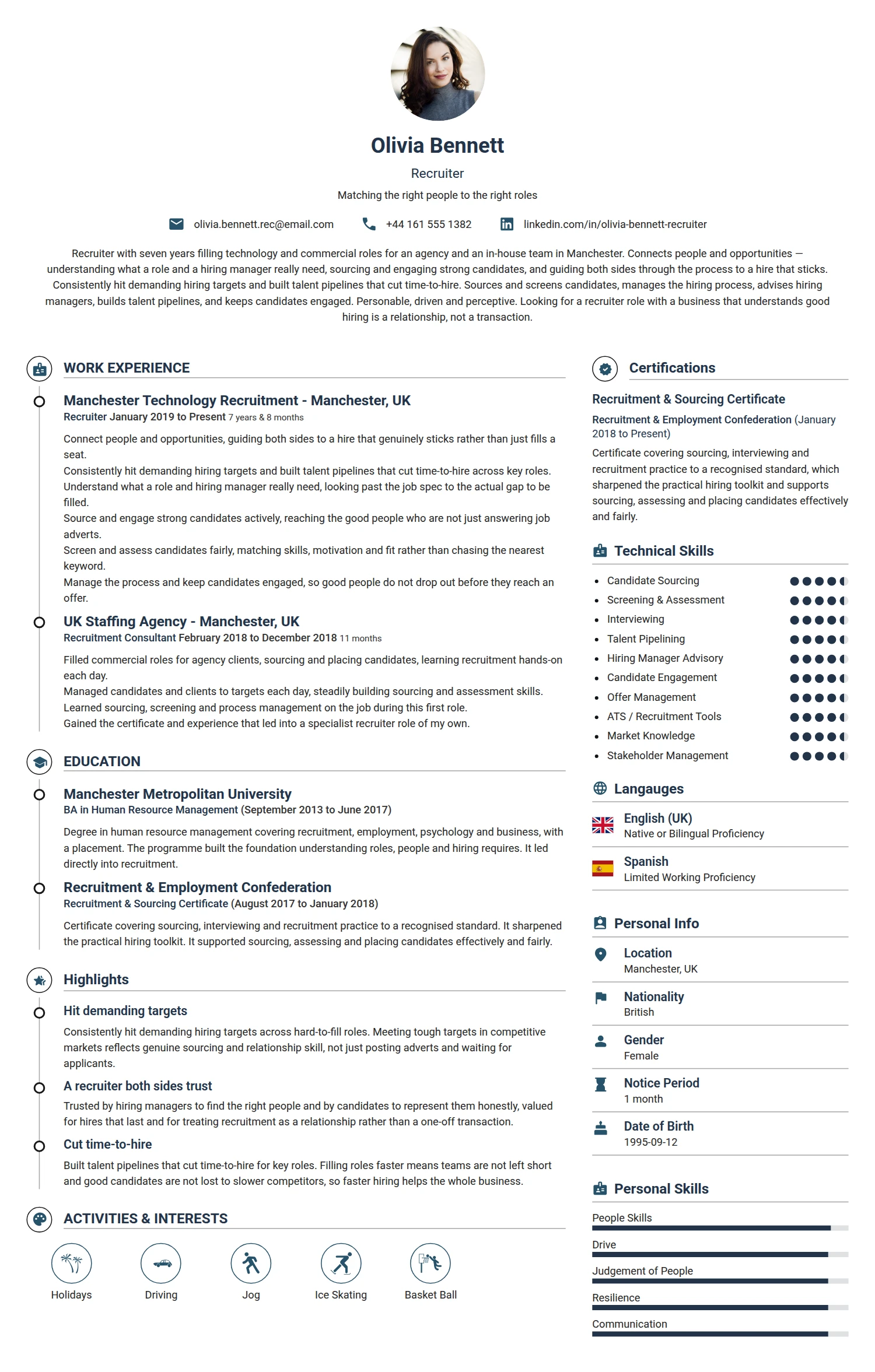 Recruiter resume example — a professionally formatted Human Resources CV sample