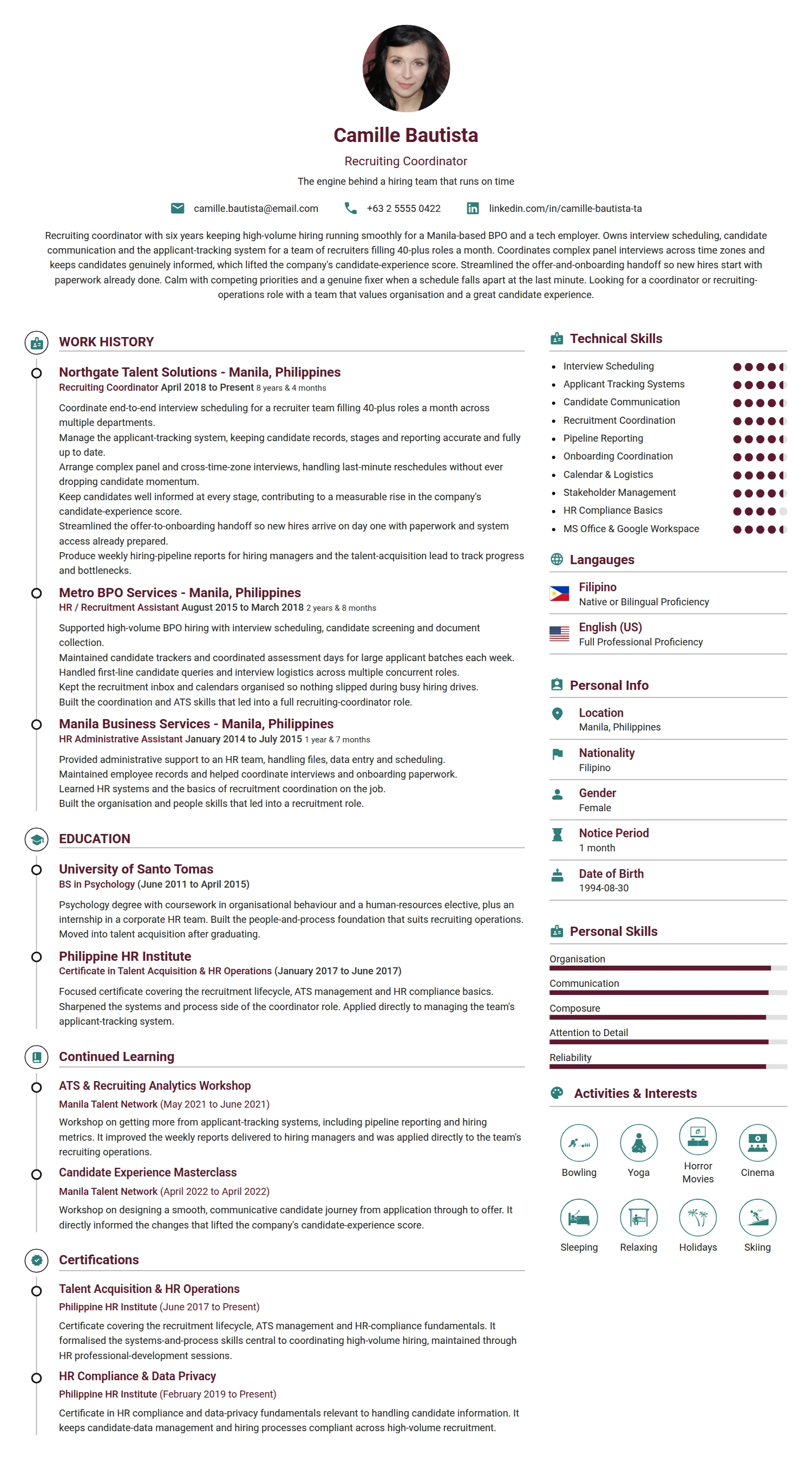 Recruiting Coordinator resume example — a professionally formatted Human Resources CV sample