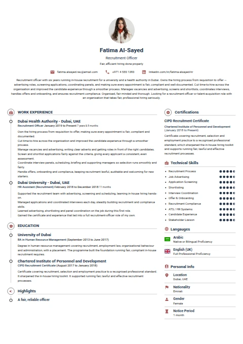 Recruitment Officer resume example