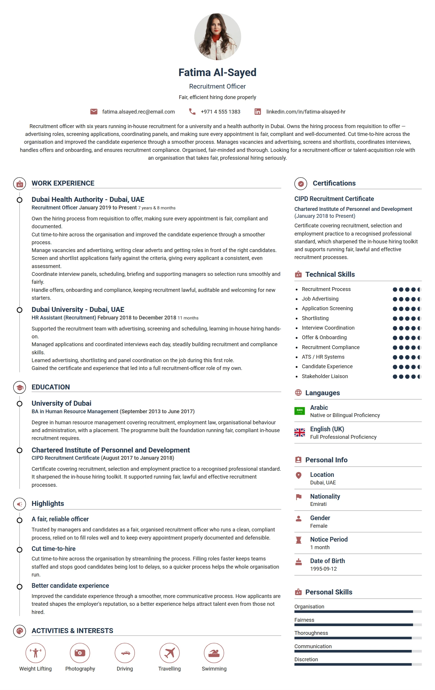 Recruitment Officer resume example — a professionally formatted Human Resources CV sample