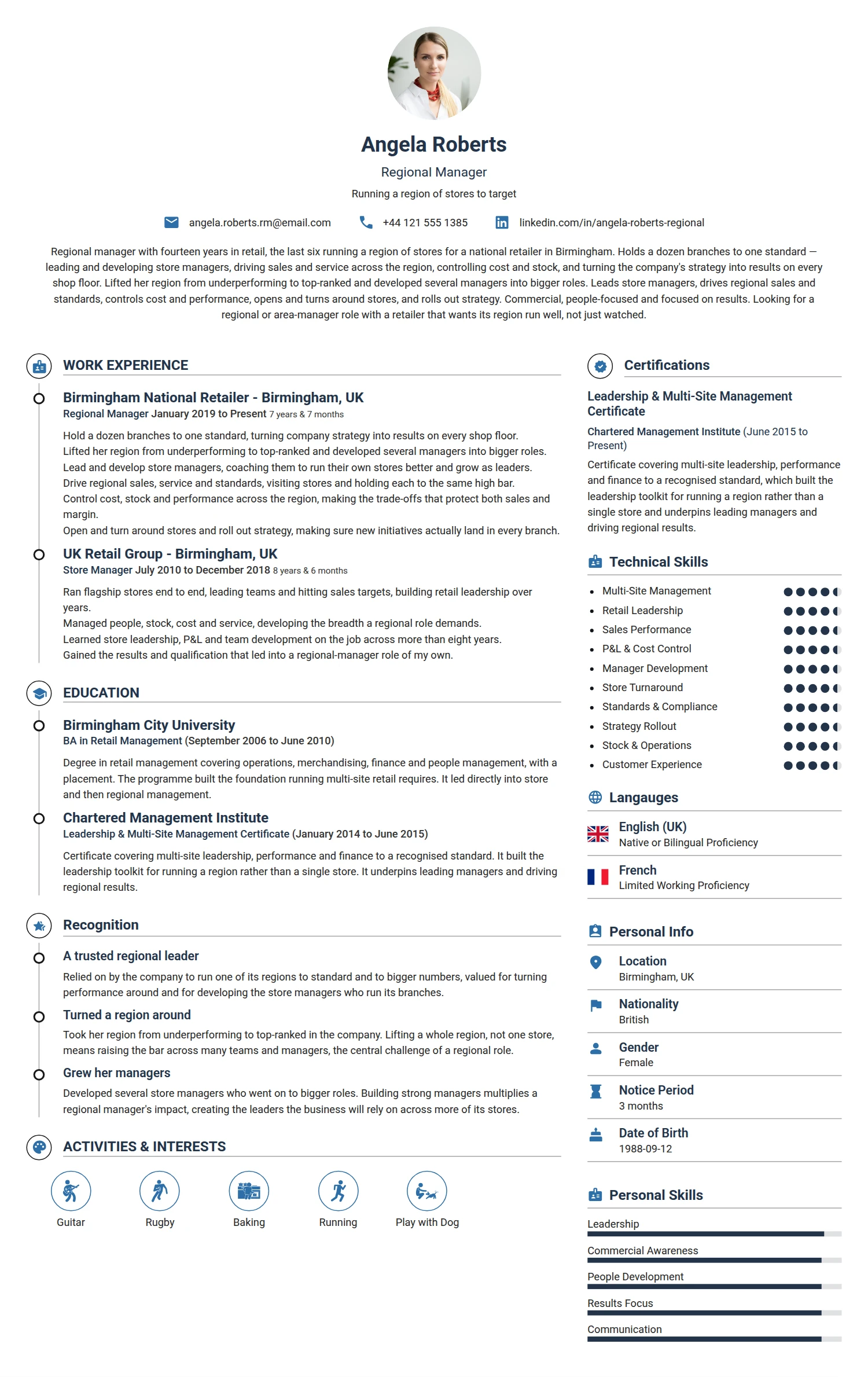 Regional Manager resume example — a professionally formatted Advertising/Marketing/PR CV sample