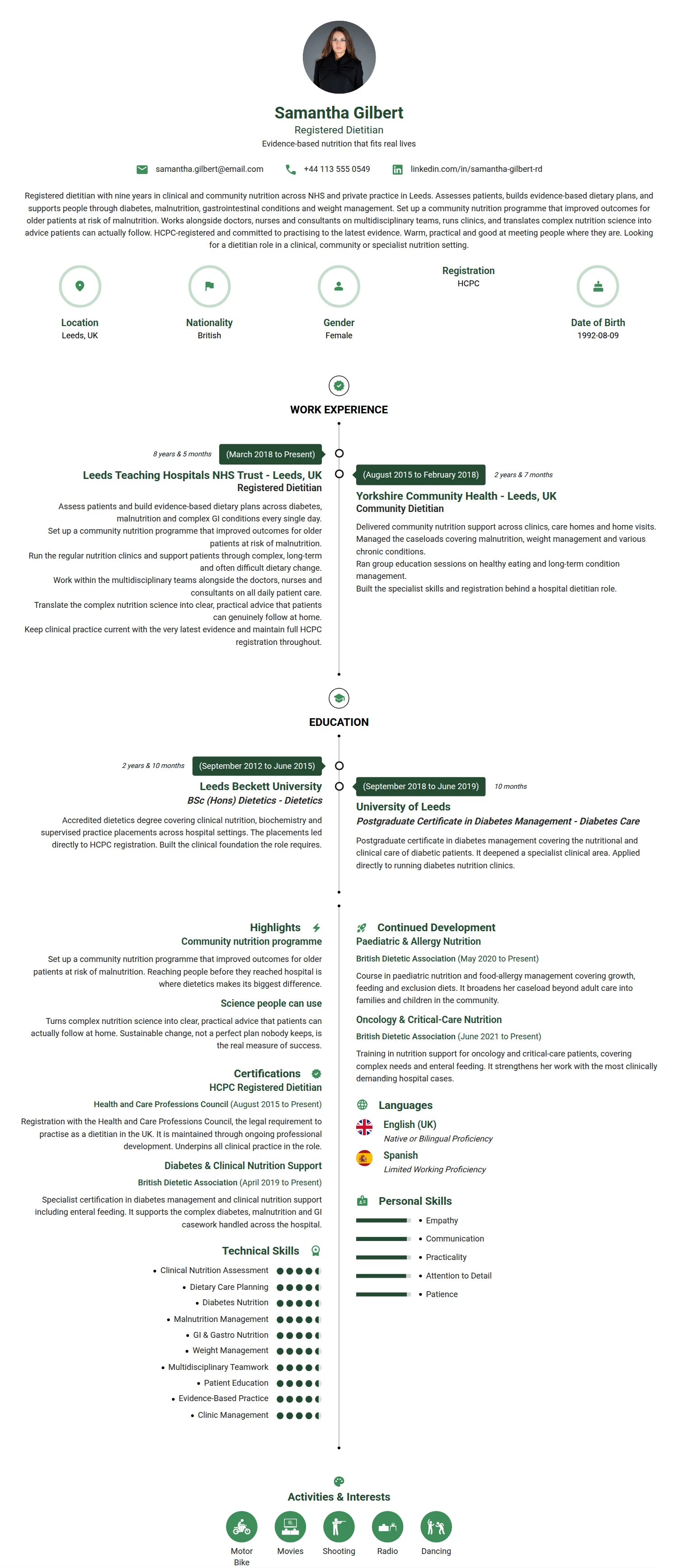 Registered Dietitian resume example — a professionally formatted Sports & Fitness CV sample