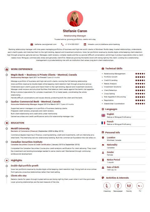 Relationship Manager resume example