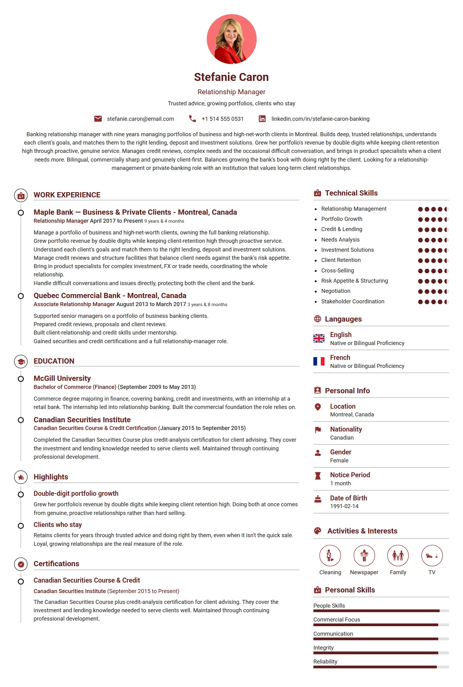 Relationship Manager resume example — a professionally formatted Advertising/Marketing/PR CV sample