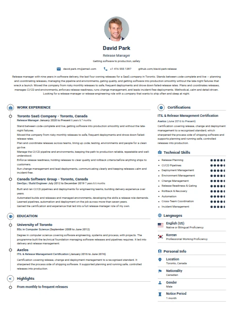 Release Manager resume example