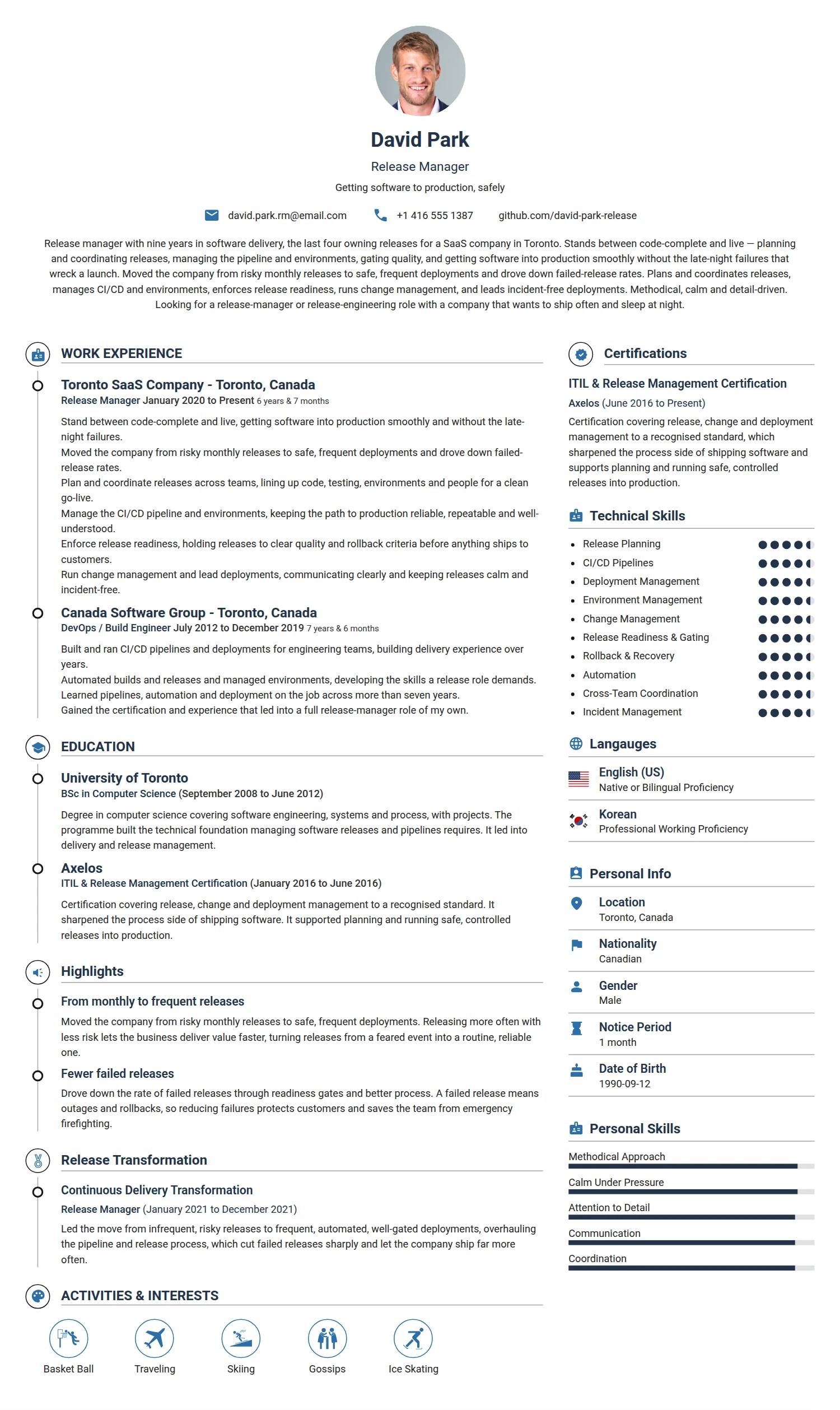 Release Manager resume example — a professionally formatted Software Development & IT CV sample