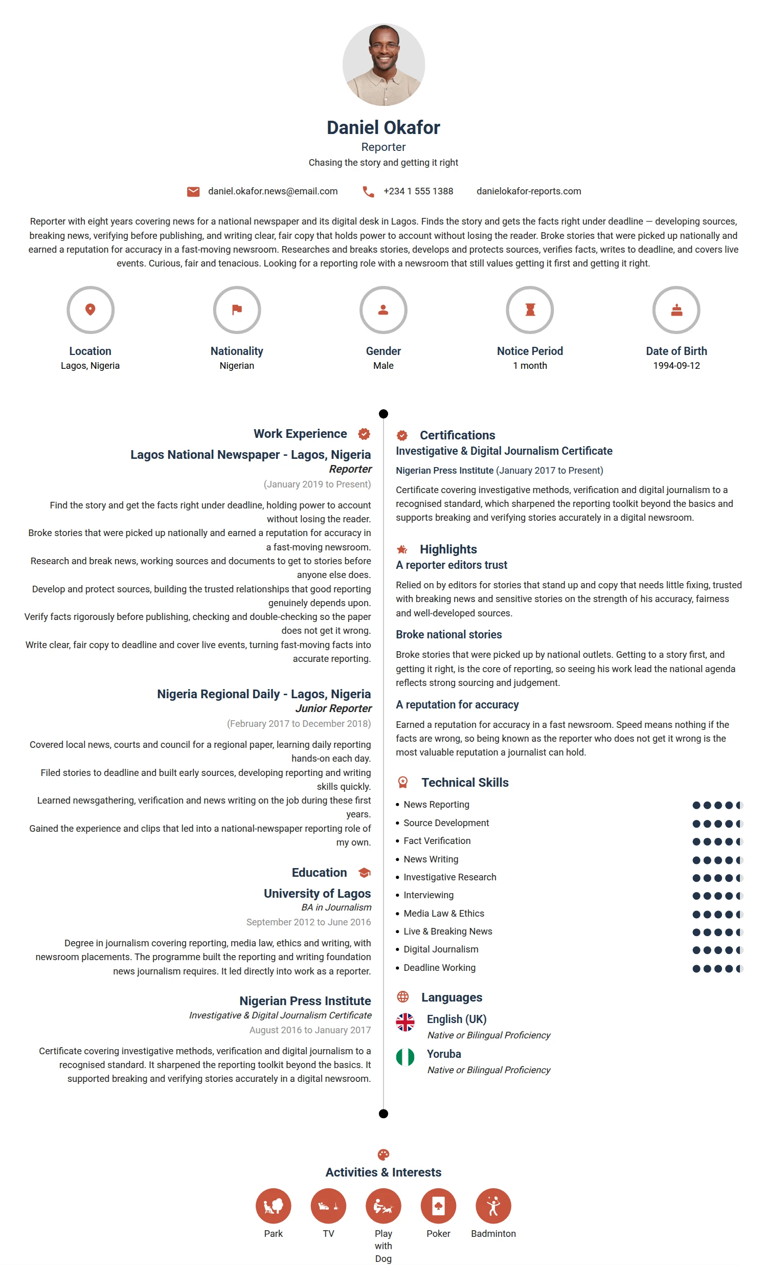 Reporter resume example — a professionally formatted Media/Journalism CV sample