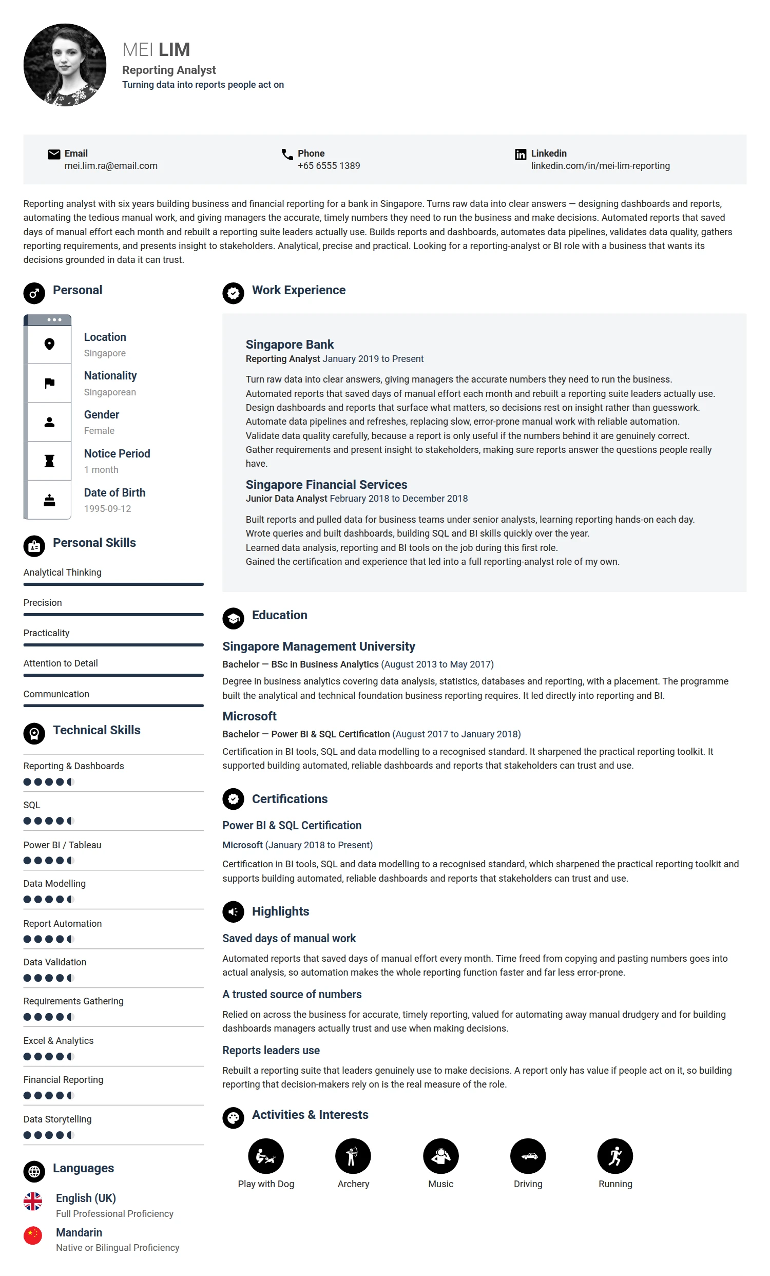 Reporting Analyst resume example — a professionally formatted Business Management CV sample