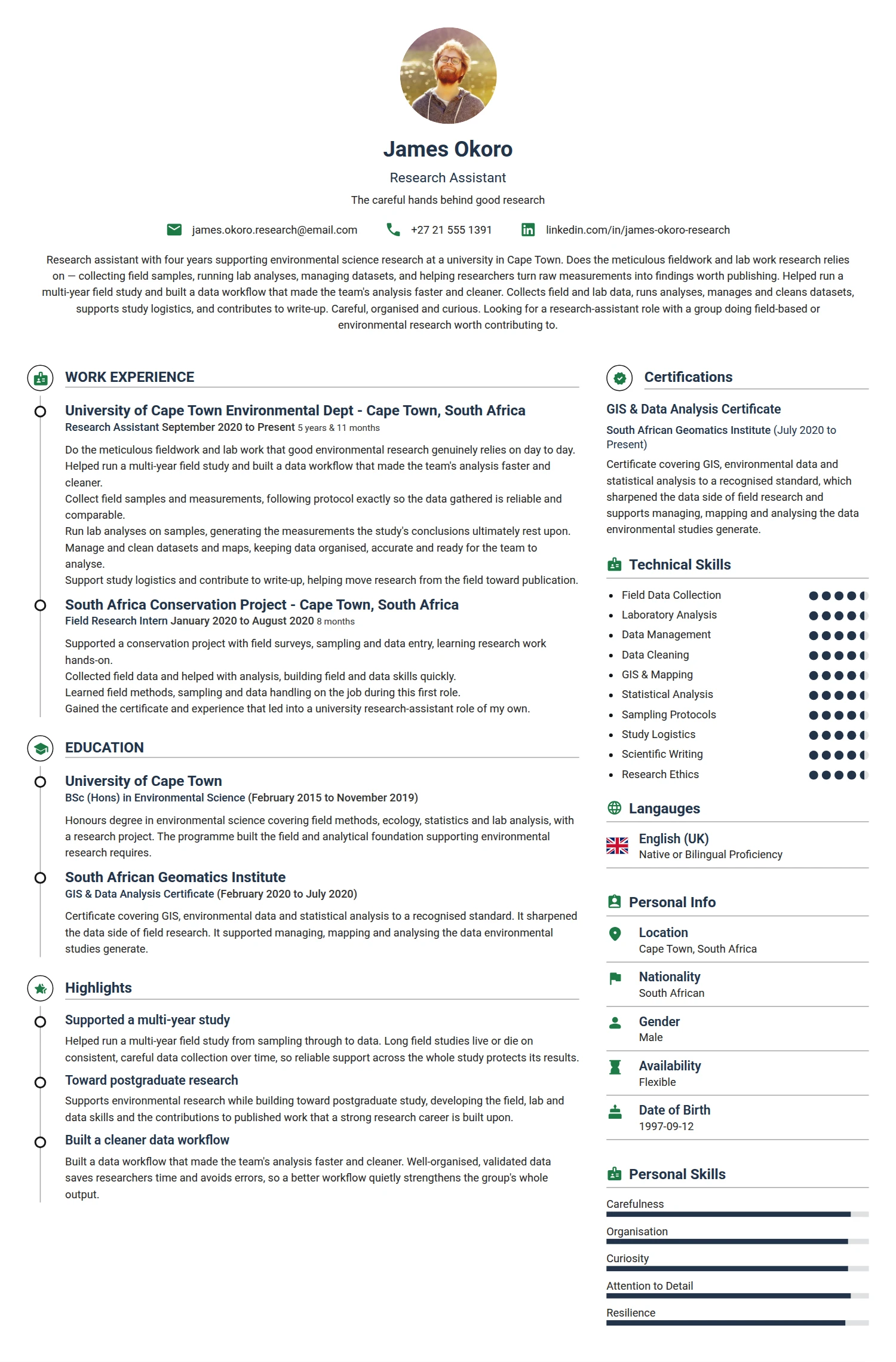 Research Assistant resume example — a professionally formatted Science & Research CV sample