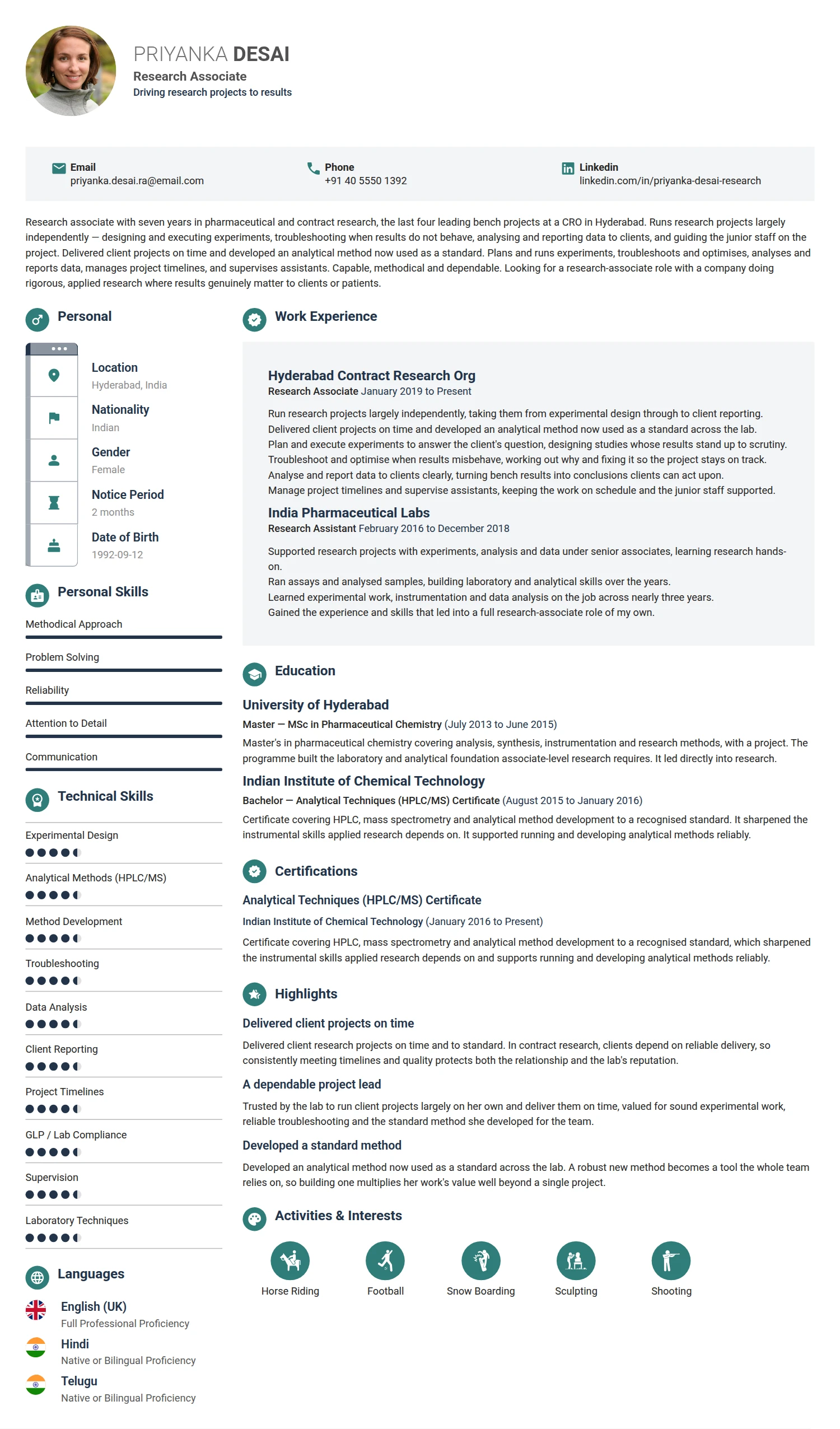 Research Associate resume example — a professionally formatted Science & Research CV sample