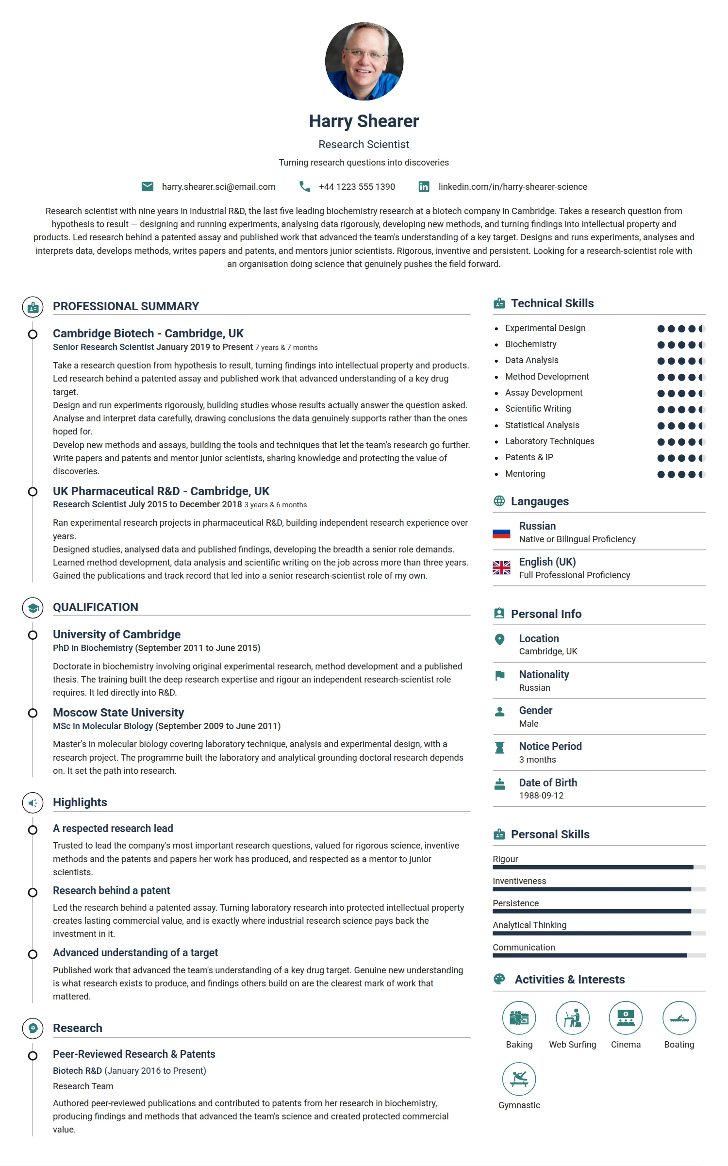 Research Scientist resume example — a professionally formatted Science & Research CV sample