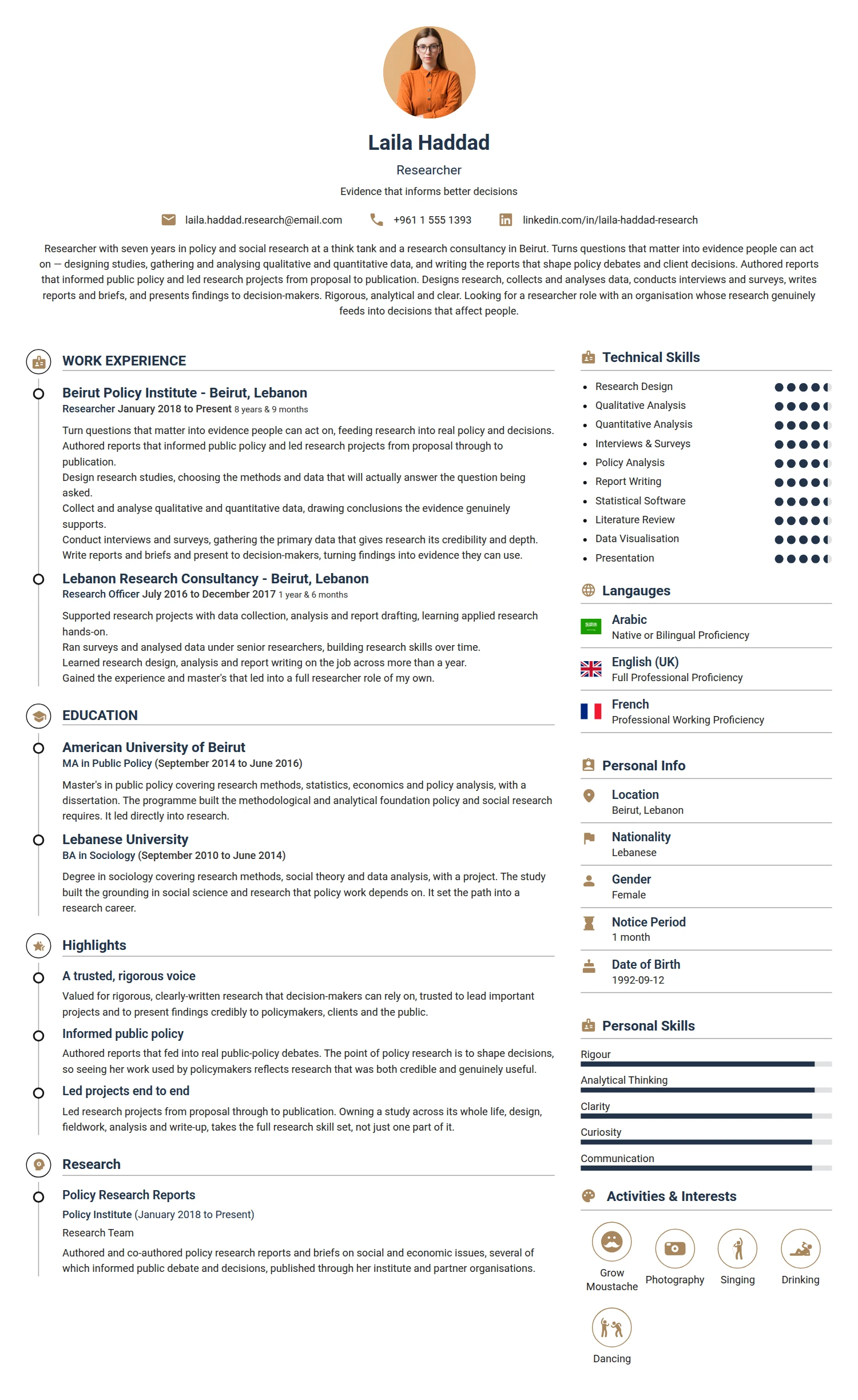 Researcher resume example — a professionally formatted Science & Research CV sample
