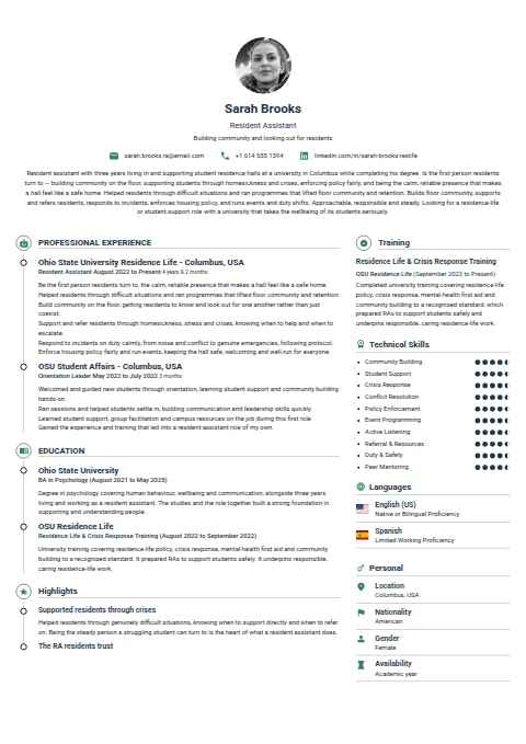 Resident Assistant resume example