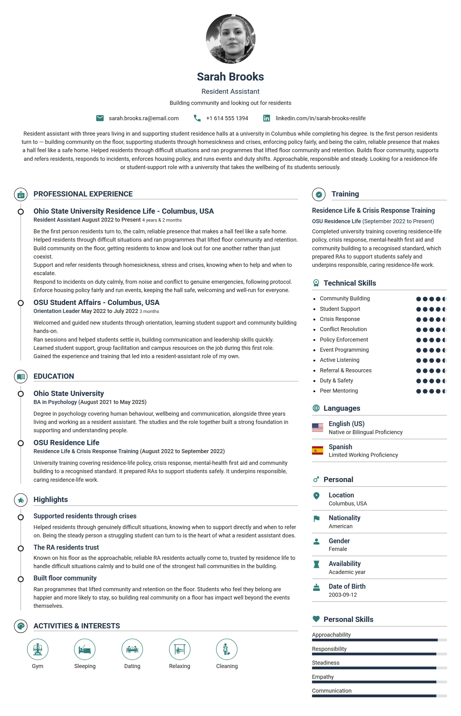 Resident Assistant resume example — a professionally formatted Administration CV sample