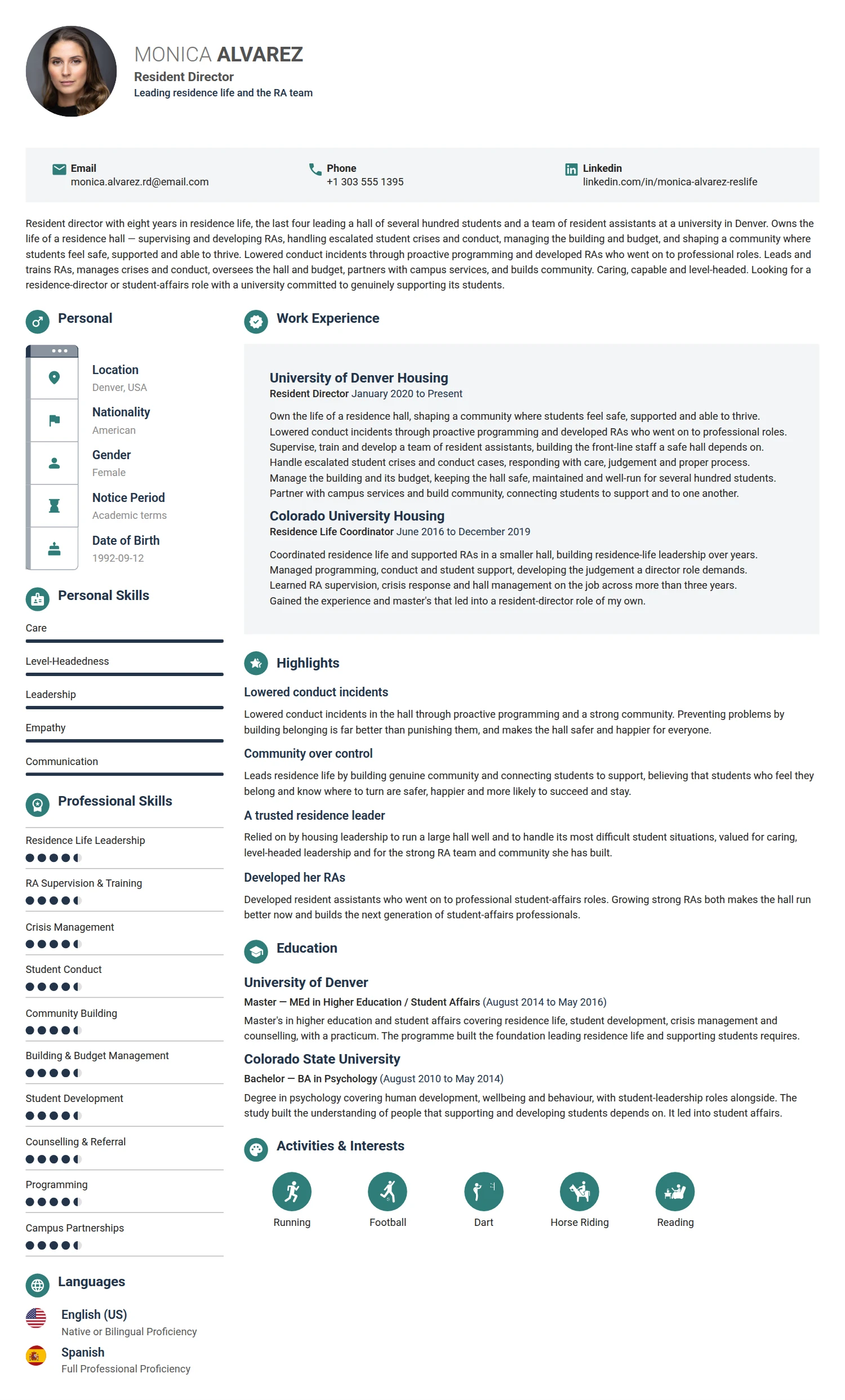 Resident Director resume example — a professionally formatted Real Estate CV sample