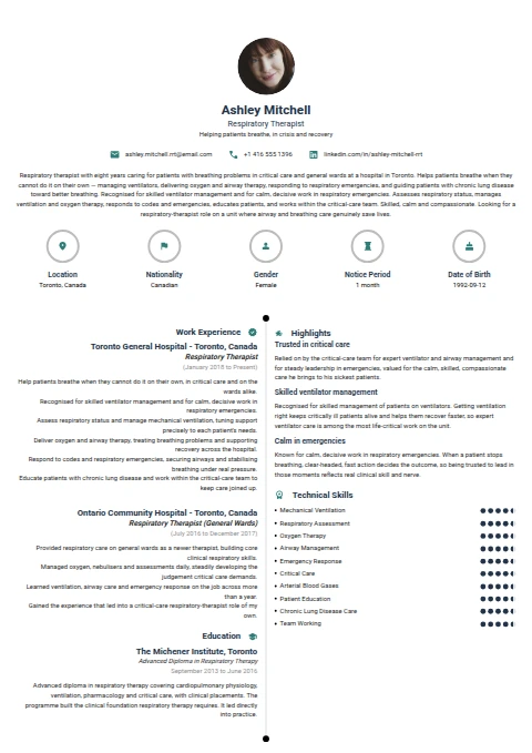 Respiratory Therapist resume example