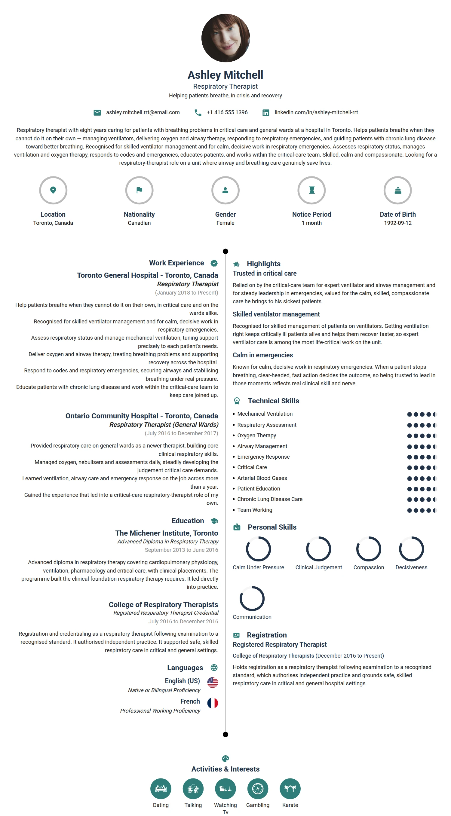 Respiratory Therapist resume example — a professionally formatted Medical & Healthcare CV sample