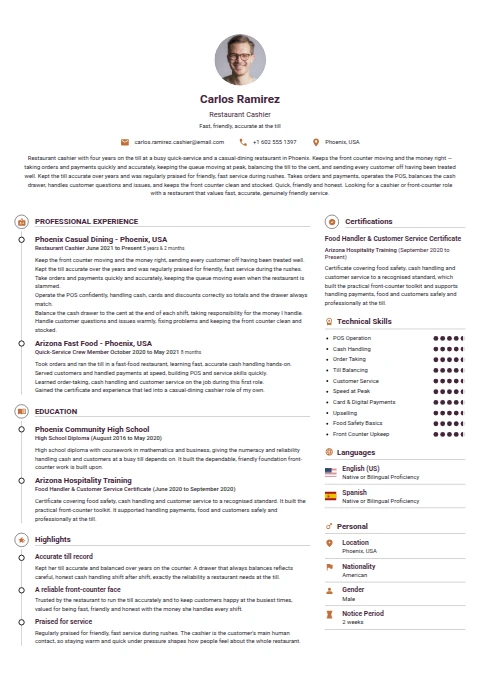 Restaurant Cashier resume example