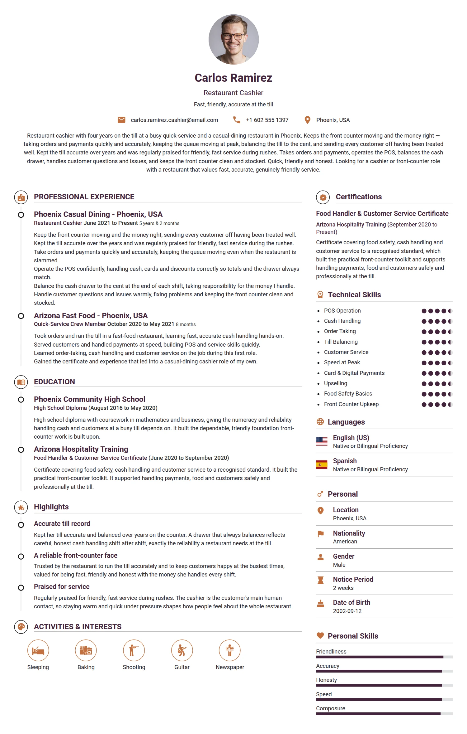 Restaurant Cashier resume example — a professionally formatted Hospitality CV sample