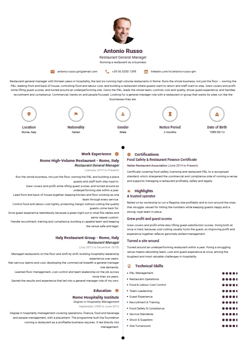 Restaurant General Manager resume example
