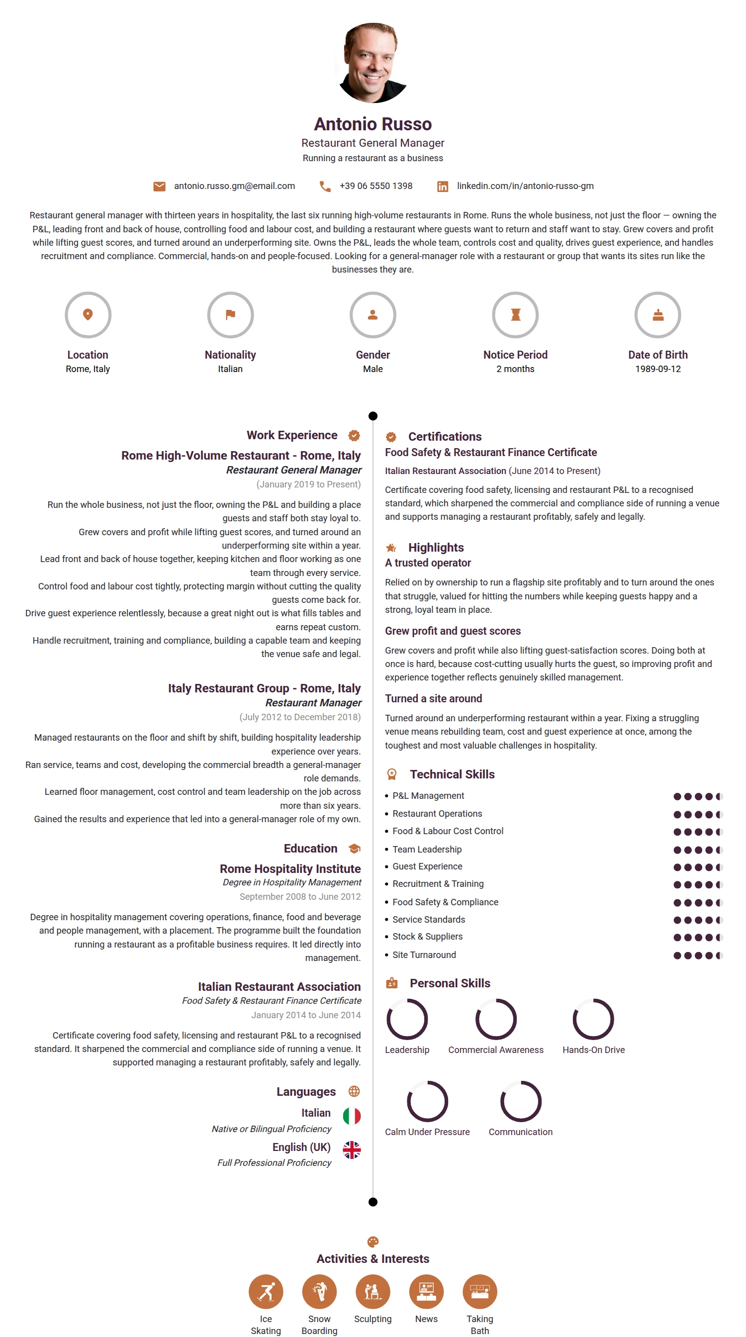 Restaurant General Manager resume example — a professionally formatted Hospitality CV sample