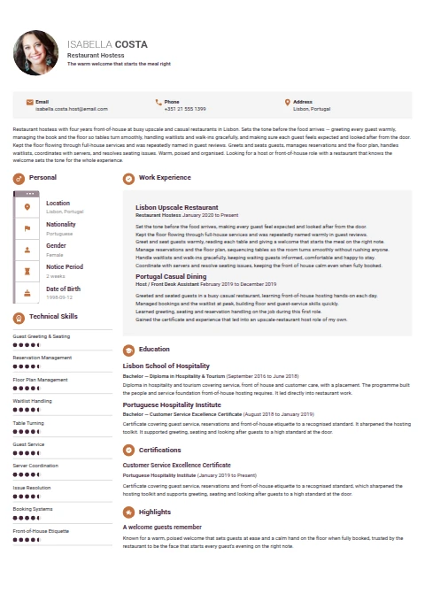 Restaurant Hostess resume example
