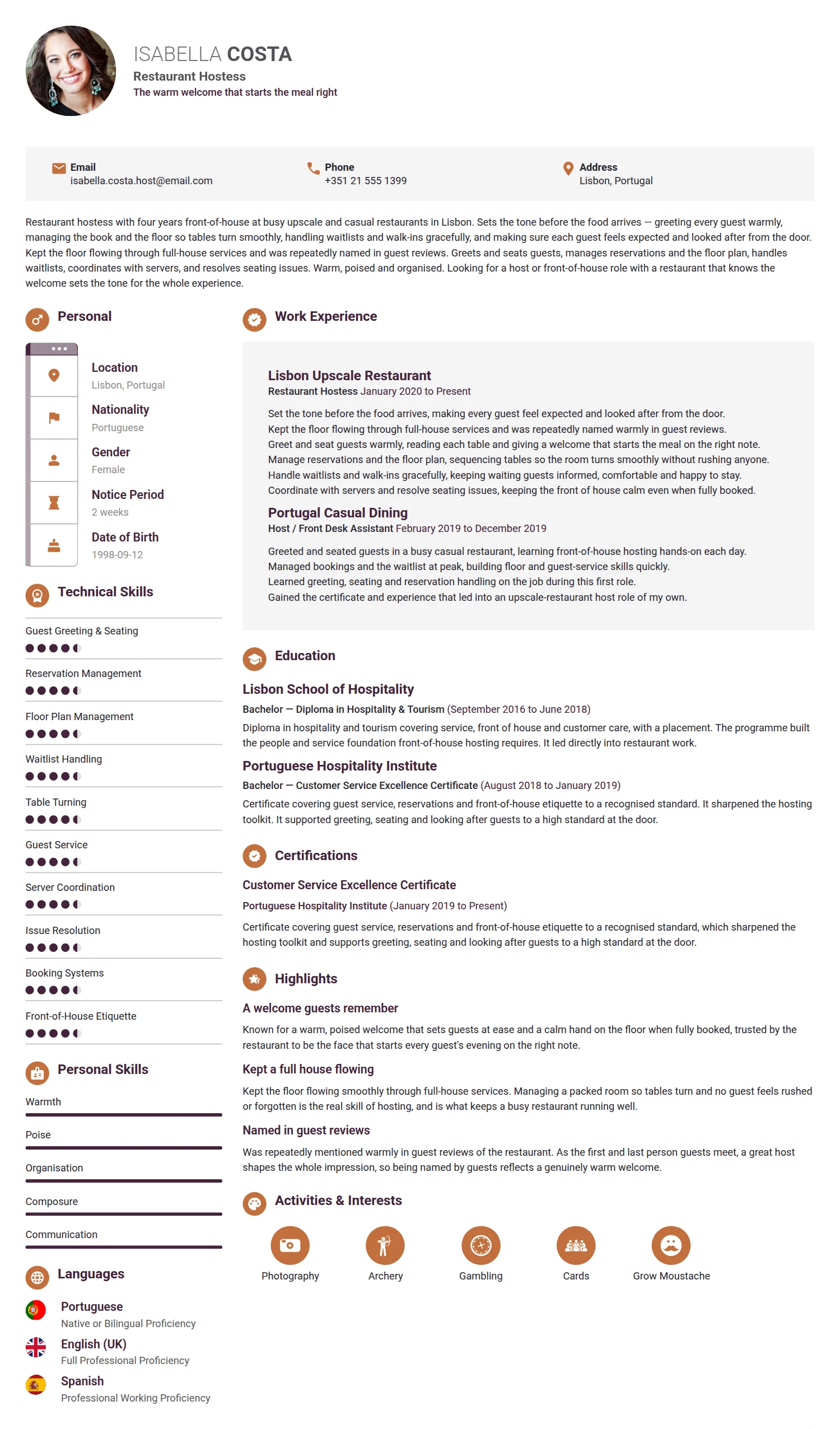 Restaurant Hostess resume example — a professionally formatted Hospitality CV sample