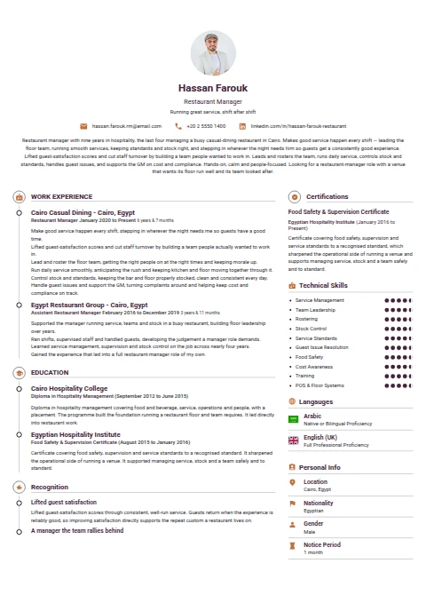 Restaurant Manager resume example