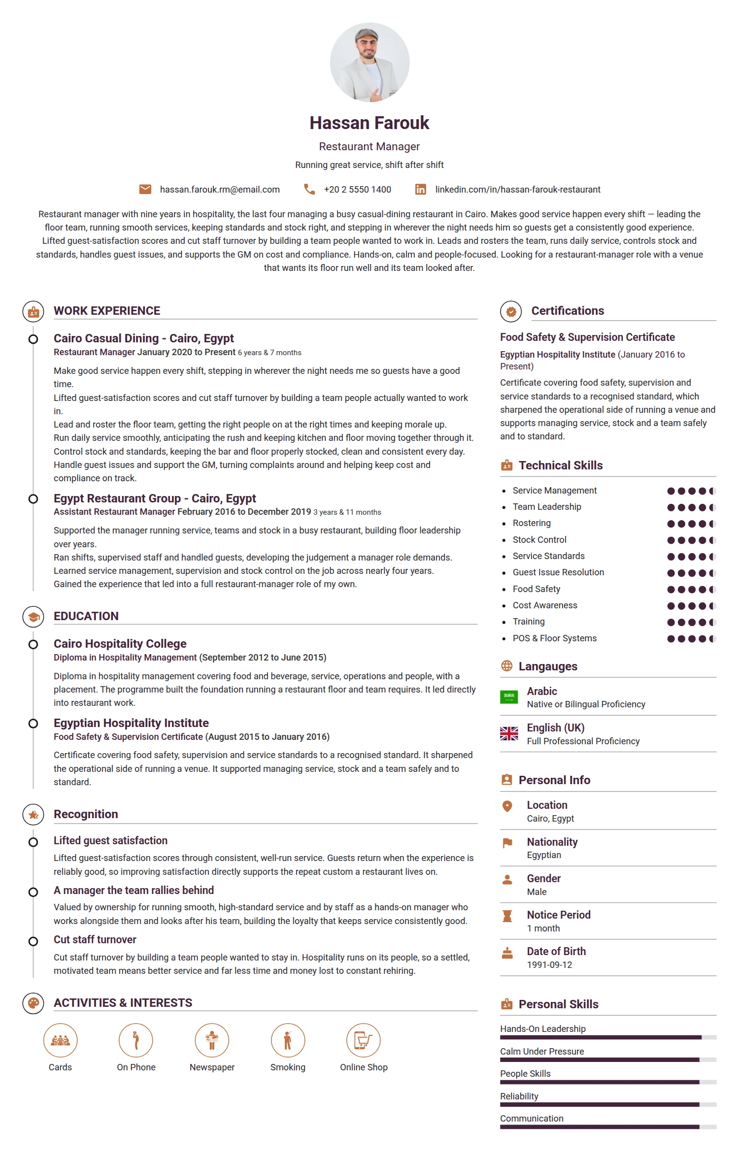 Restaurant Manager resume example — a professionally formatted Hospitality CV sample