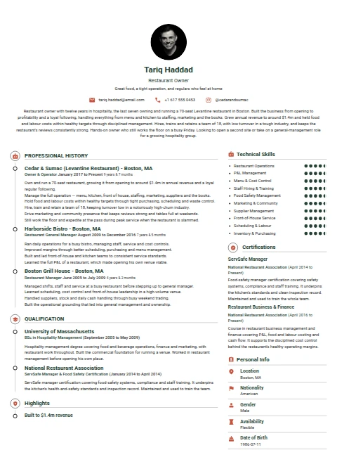 Restaurant Owner resume example