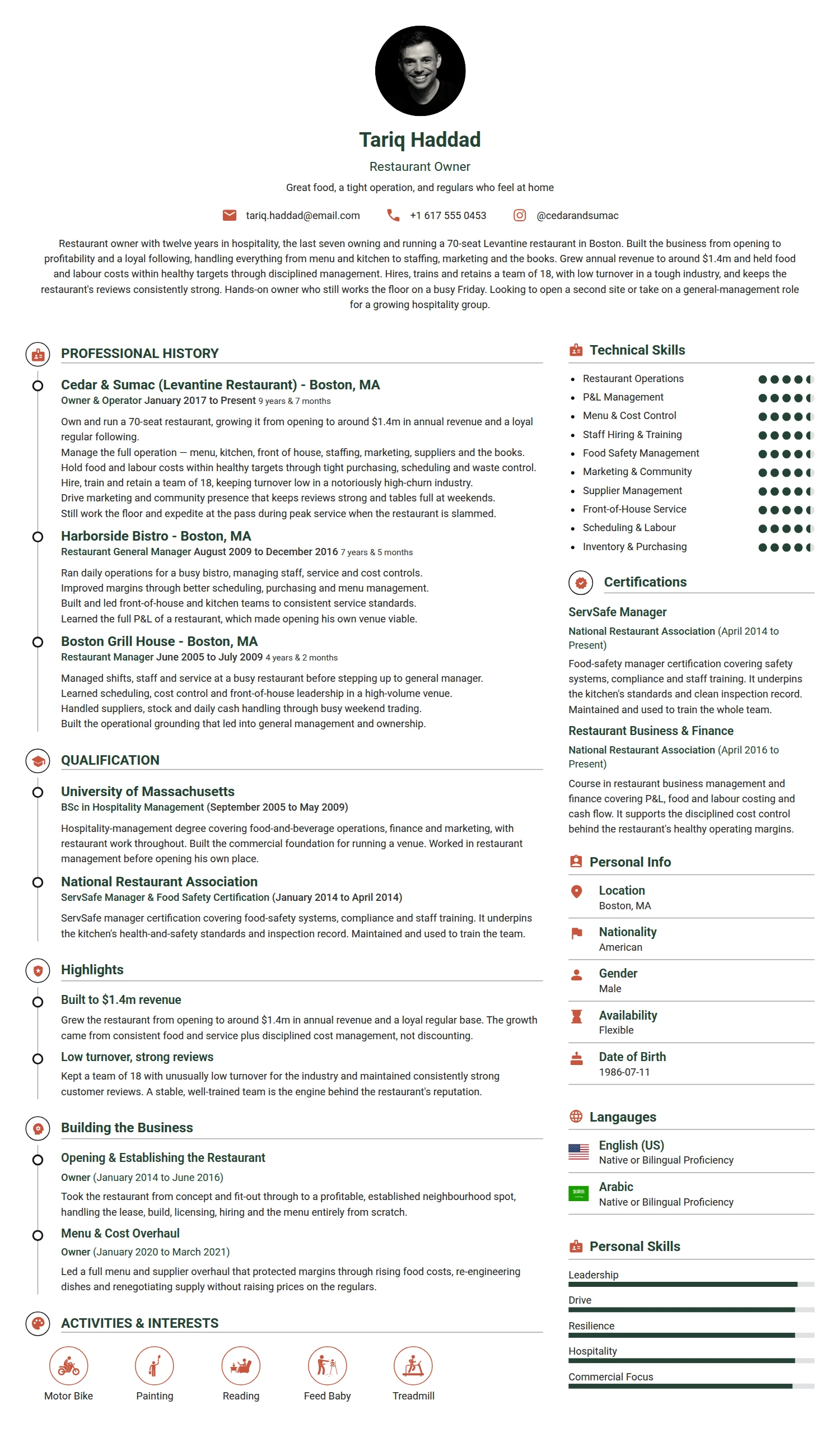 Restaurant Owner resume example — a professionally formatted Hospitality CV sample