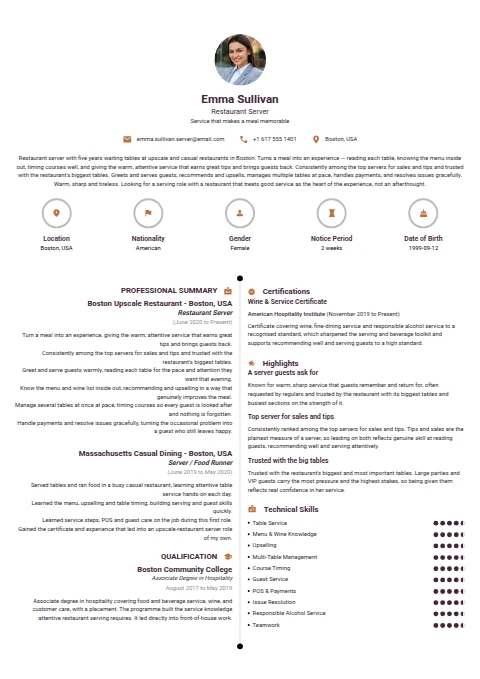 Restaurant Server resume example