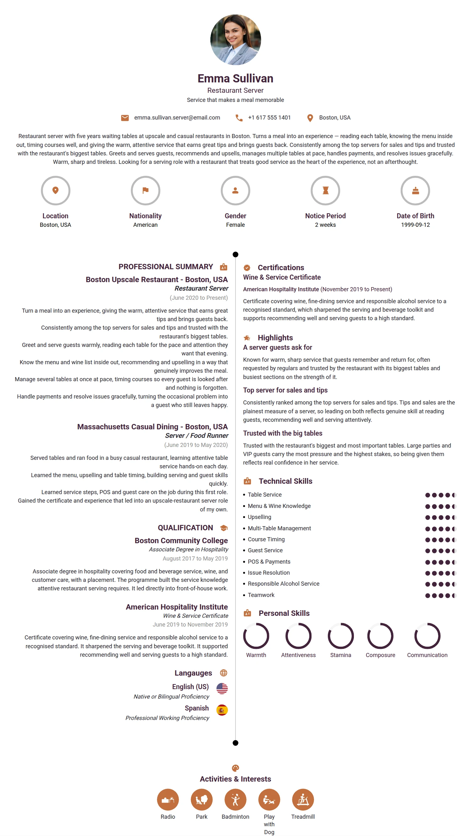 Restaurant Server resume example — a professionally formatted Hospitality CV sample