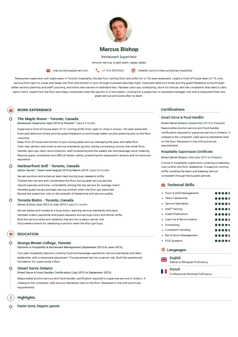 Restaurant Supervisor resume example
