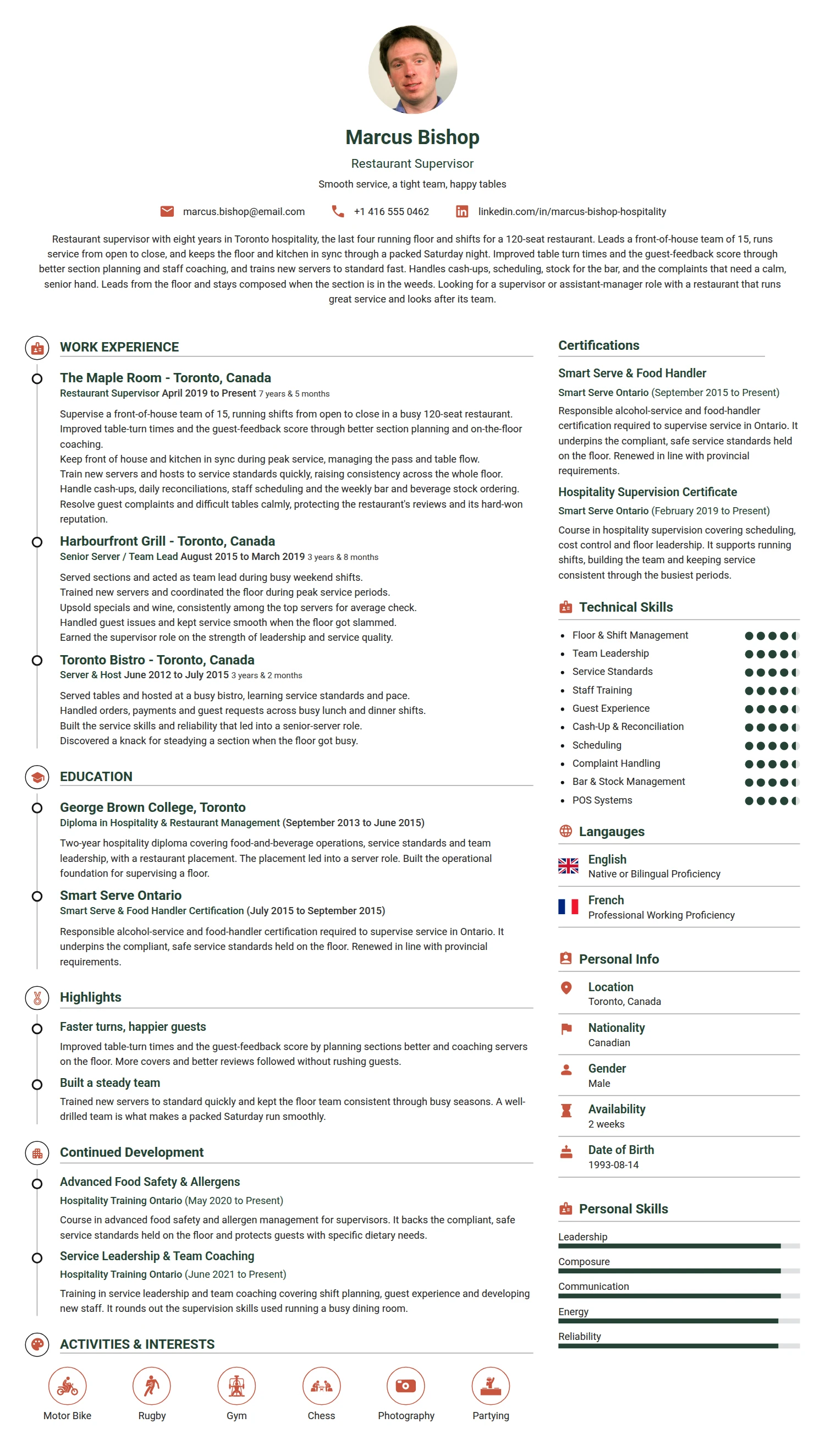 Restaurant Supervisor resume example — a professionally formatted Hospitality CV sample