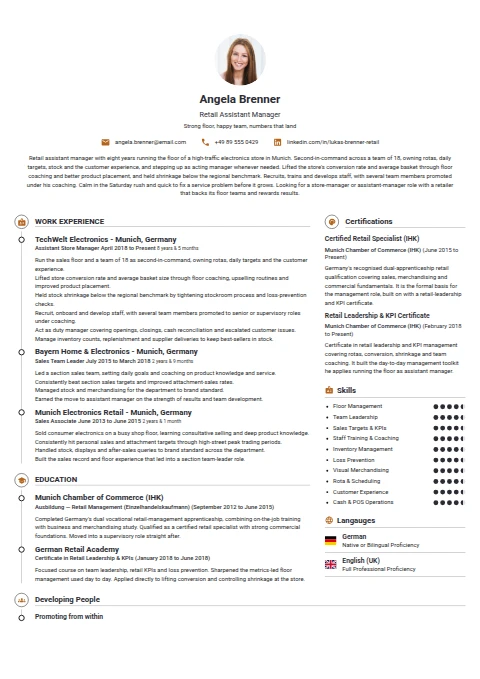 Retail Assistant manager resume example