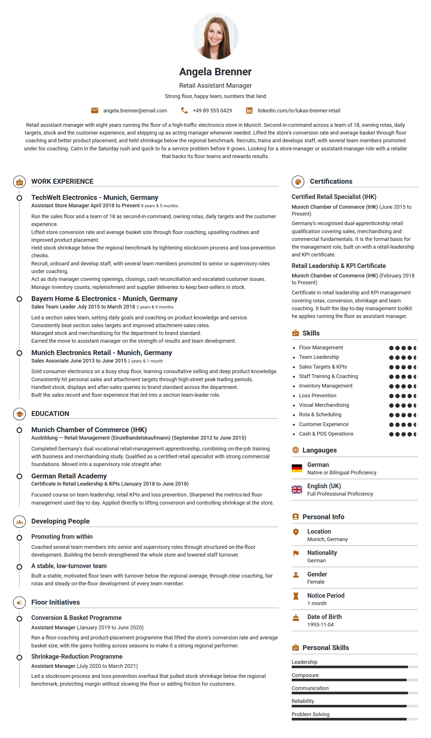 Retail Assistant manager resume example — a professionally formatted Sales CV sample