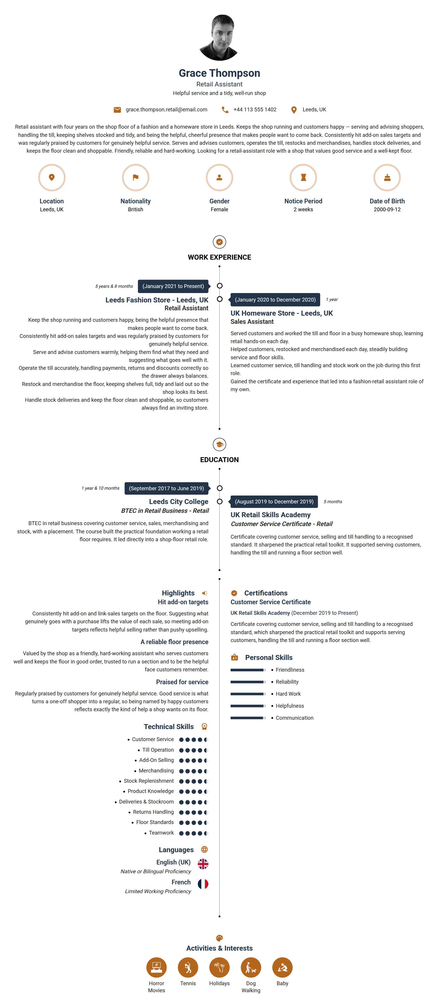 Retail Assistant resume example — a professionally formatted Sales CV sample