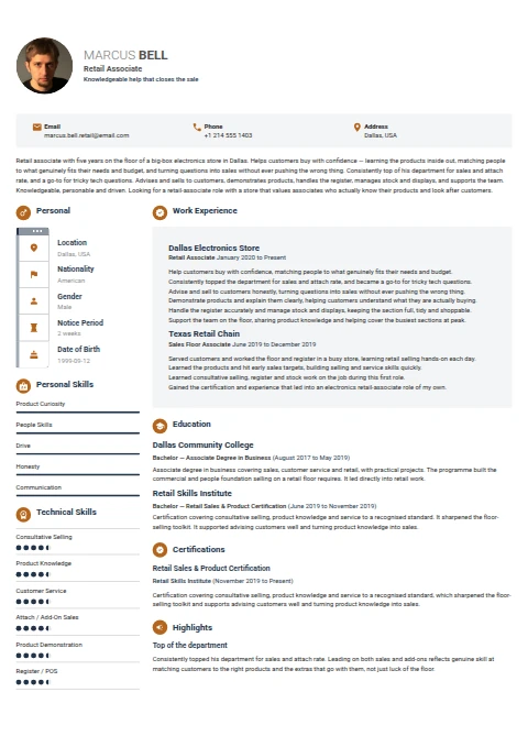 Retail Associate resume example — a professionally formatted Sales CV sample