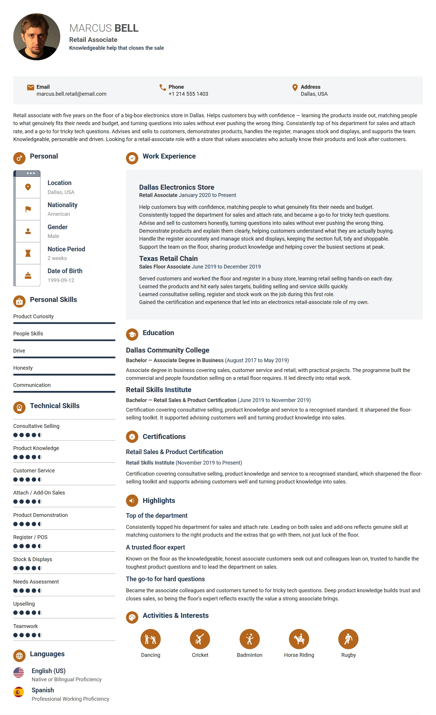 Retail Associate resume example — a professionally formatted Sales CV sample