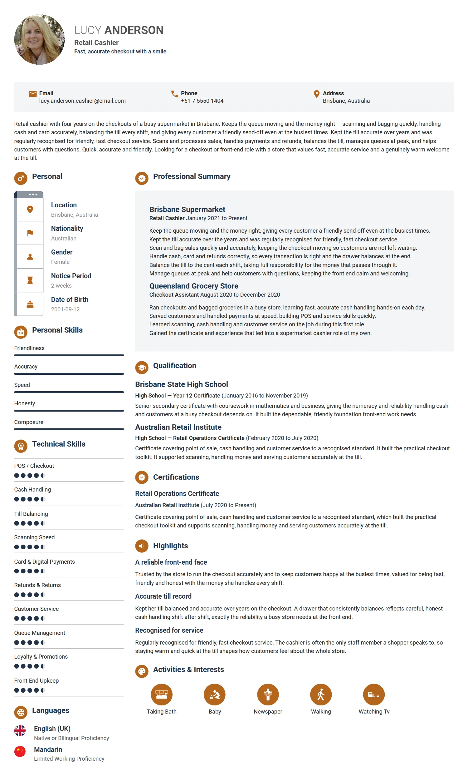 Retail Cashier resume example — a professionally formatted Accounting/Auditing CV sample