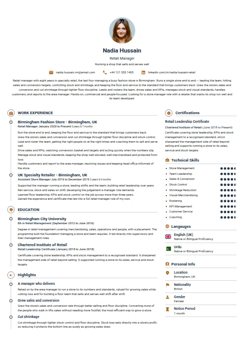 Retail Manager resume example
