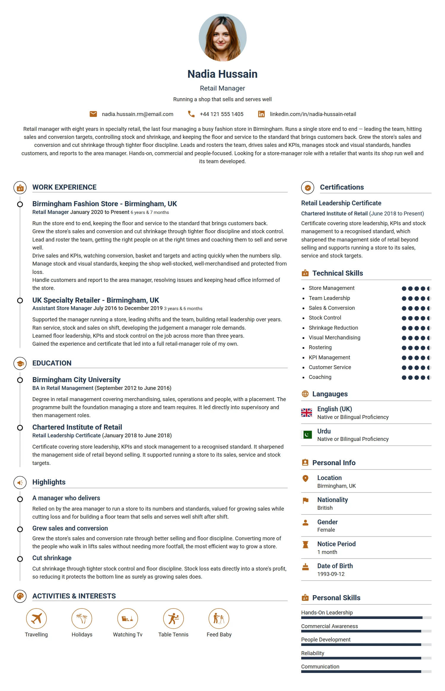 Retail Manager resume example — a professionally formatted Sales CV sample